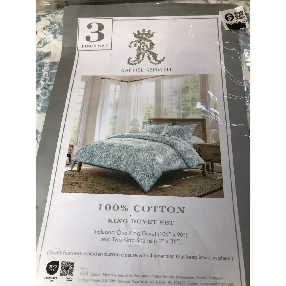 Simply Shabby Chic Rachel Ashwell Bohemian White Blue KING Duvet Cover Set-NIP